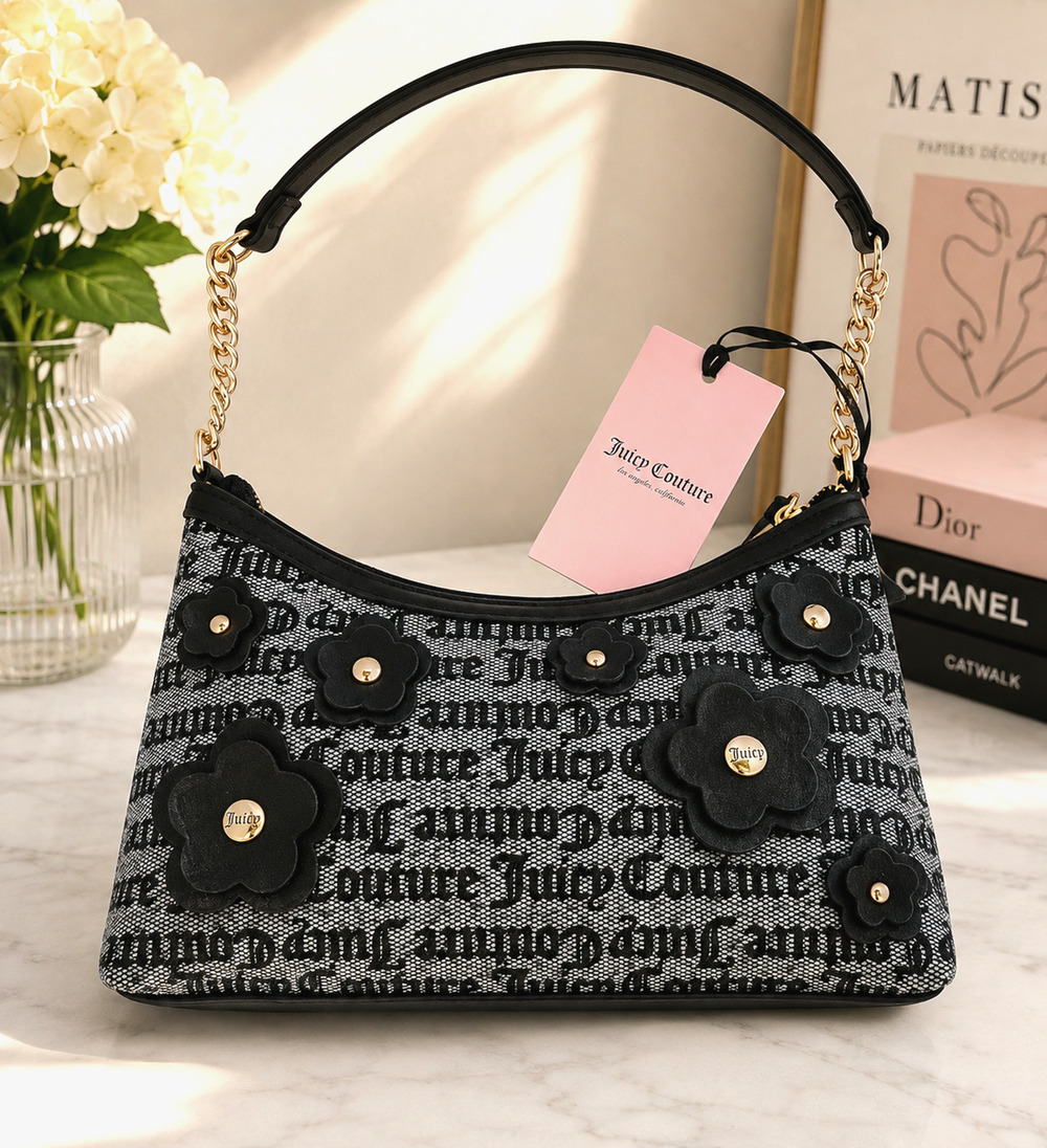 Juicy Couture Black Gray Flower Applique Logo Shoulder Bag Detachable Strap